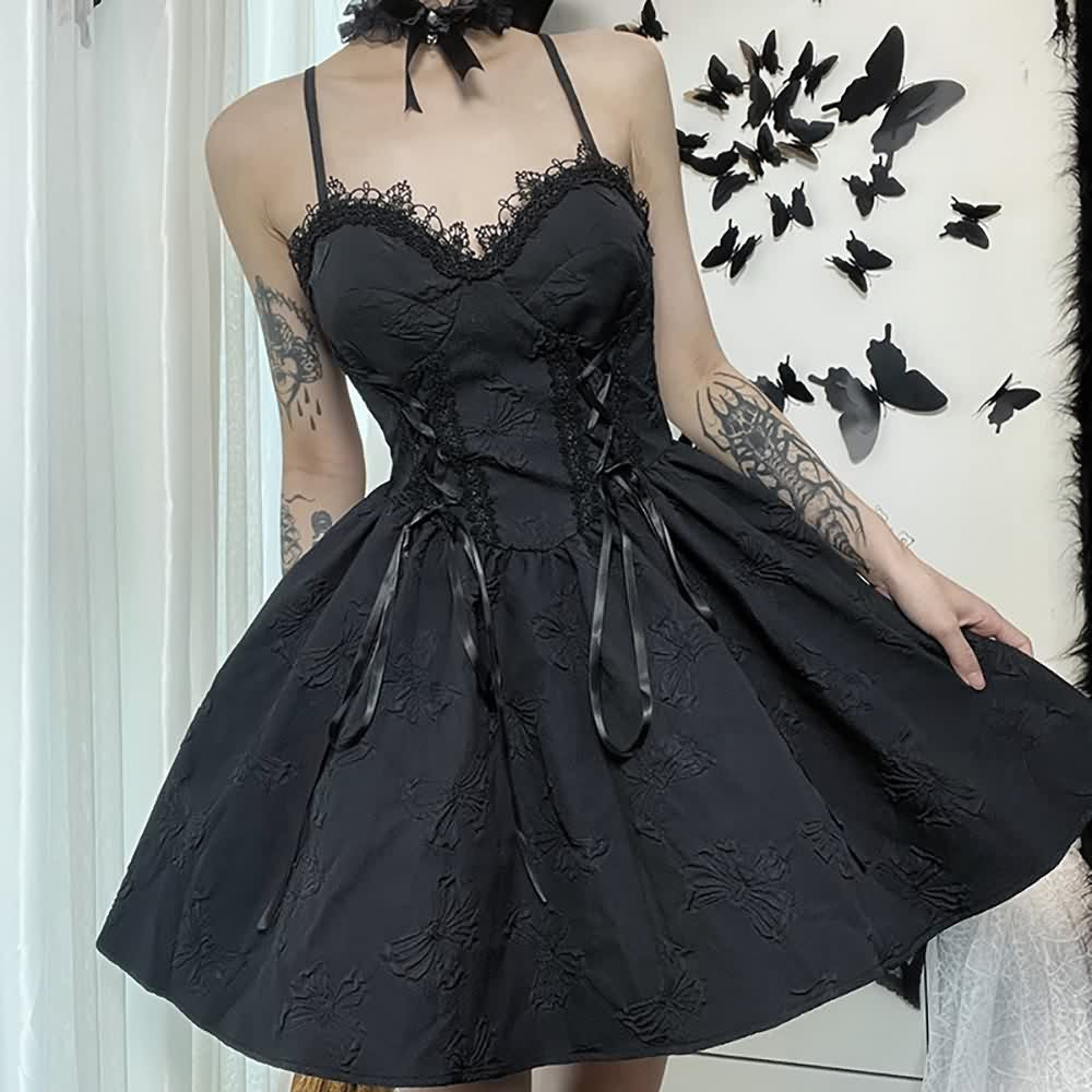 Gothic Butterfly Lace Up Tie Front Short Dress