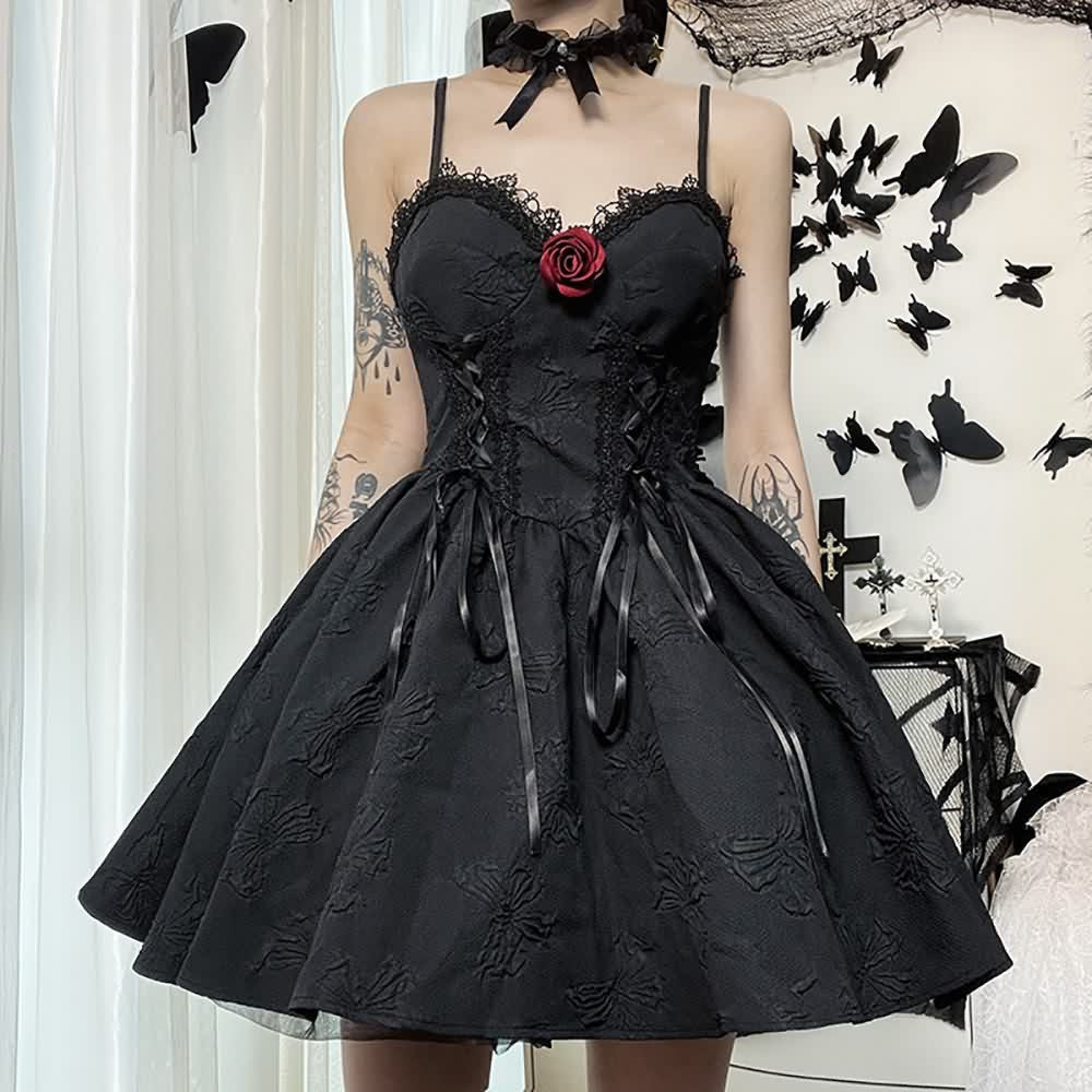 Gothic Butterfly Lace Up Tie Front Short Dress