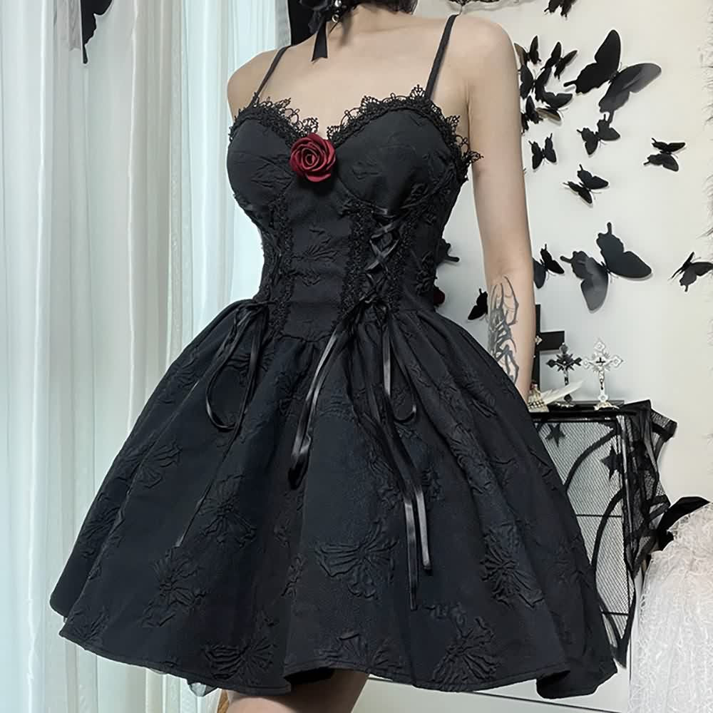 Gothic Butterfly Lace Up Tie Front Short Dress