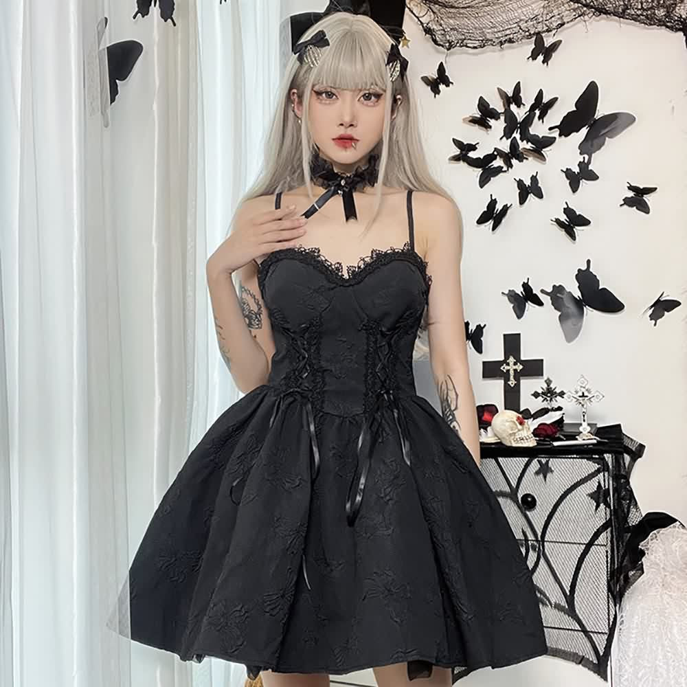 Gothic Butterfly Lace Up Tie Front Short Dress