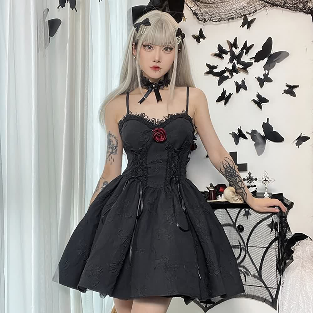 Gothic Butterfly Lace Up Tie Front Short Dress