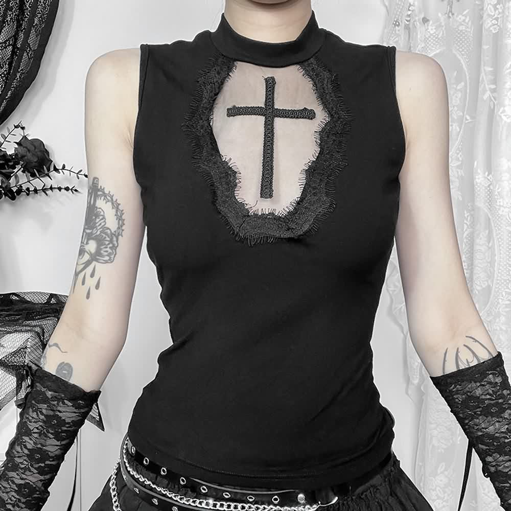 Gothic Coffin Cross High Neck Tank Top