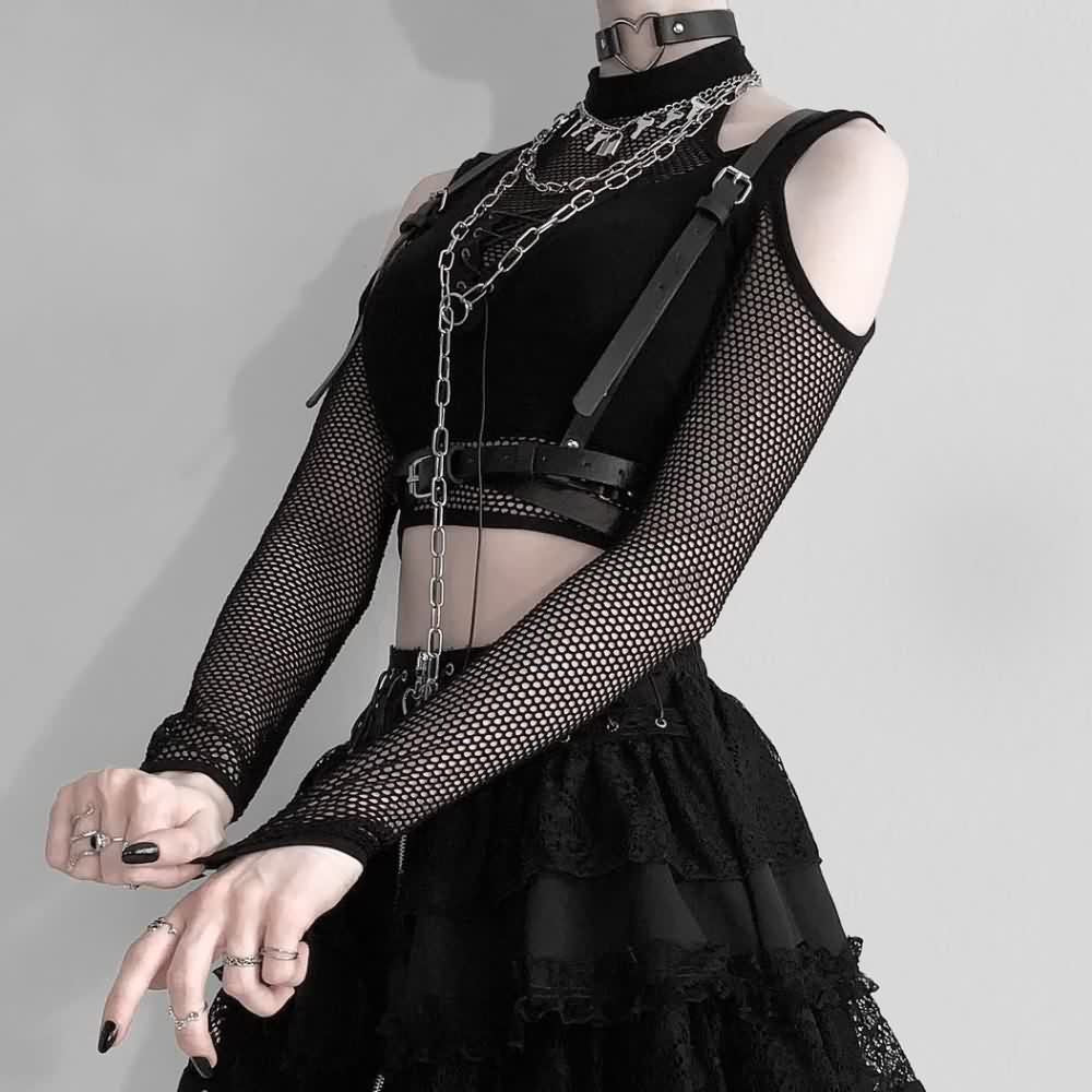 Gothic Cold Shoulder Mesh Sleeve Crop Top