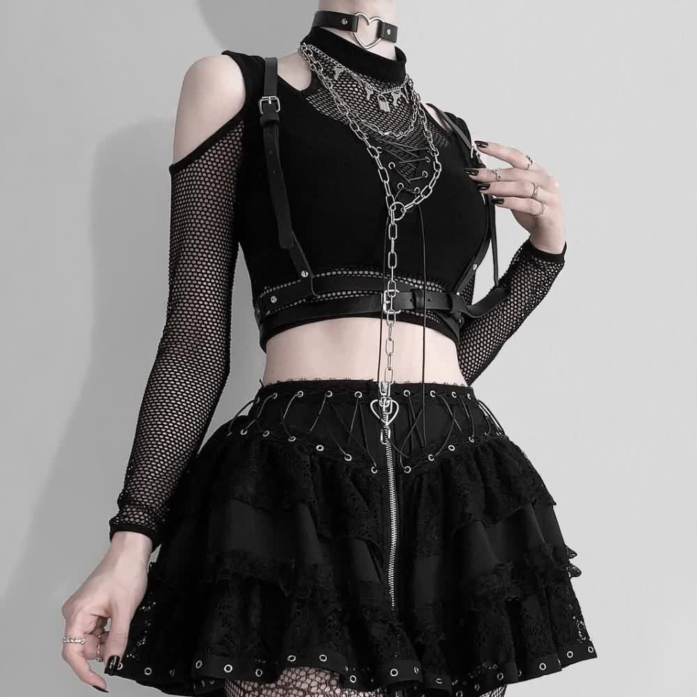 Gothic Cold Shoulder Mesh Sleeve Crop Top