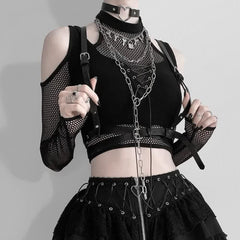 Gothic Cold Shoulder Mesh Sleeve Crop Top