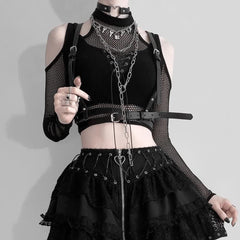 Gothic Cold Shoulder Mesh Sleeve Crop Top