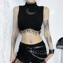 Gothic Crescent Moon Fringe Hem Crop Tank Top