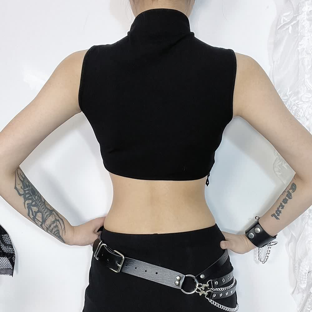 Gothic Crescent Moon Fringe Hem Crop Tank Top