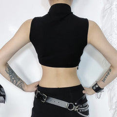Gothic Crescent Moon Fringe Hem Crop Tank Top