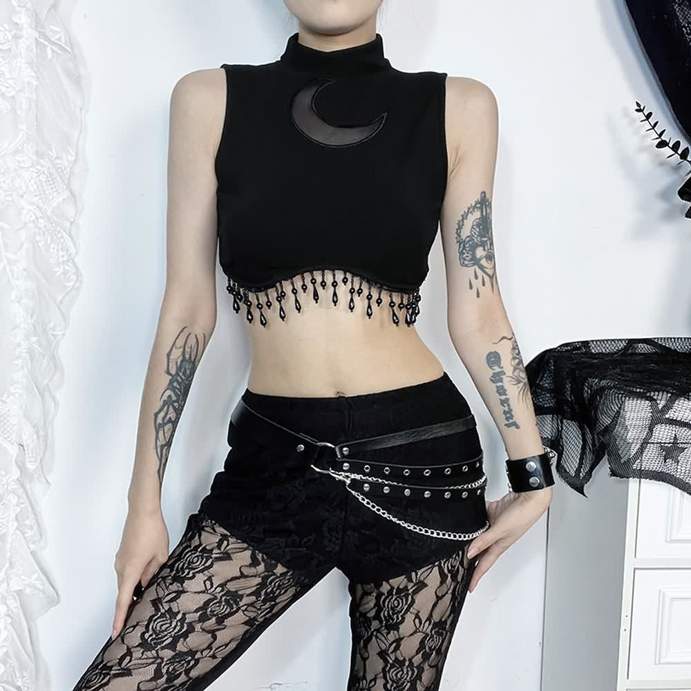 Gothic Crescent Moon Fringe Hem Crop Tank Top