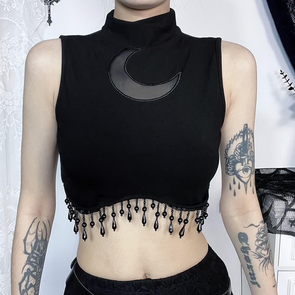 Gothic Crescent Moon Fringe Hem Crop Tank Top