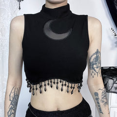 Gothic Crescent Moon Fringe Hem Crop Tank Top