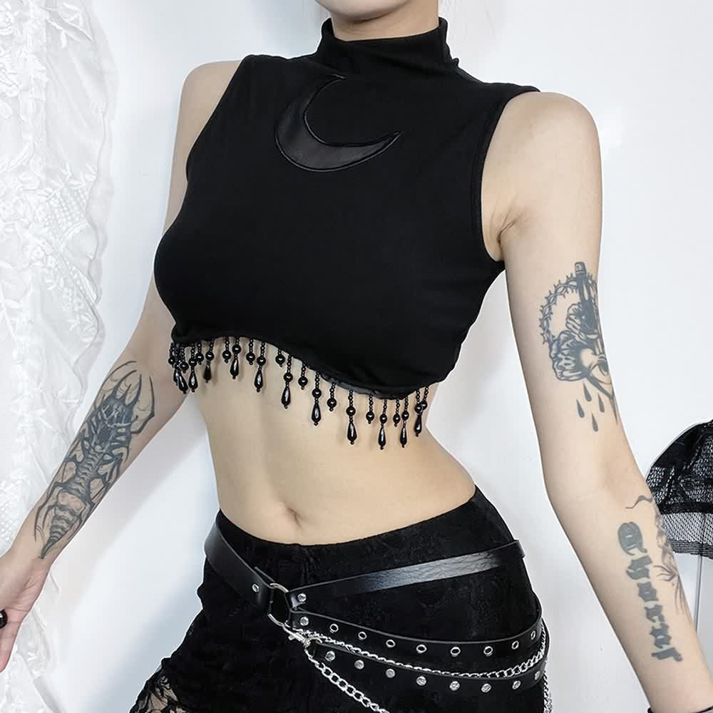 Gothic Crescent Moon Fringe Hem Crop Tank Top