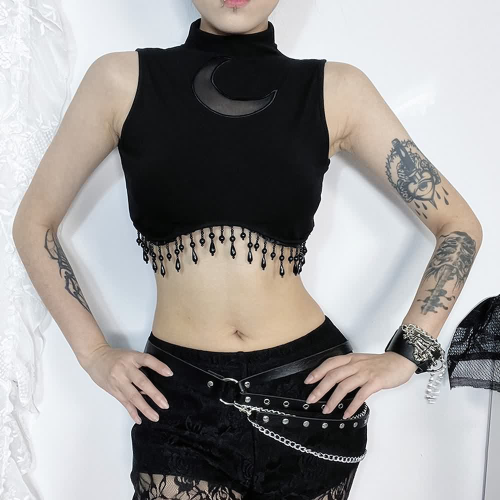 Gothic Crescent Moon Fringe Hem Crop Tank Top