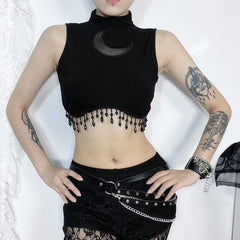 Gothic Crescent Moon Fringe Hem Crop Tank Top