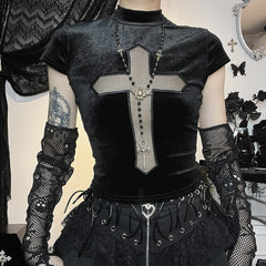 Kurzes T-Shirt aus Samt mit Gothic-Kreuz