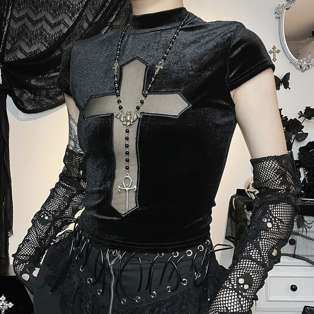 Kurzes T-Shirt aus Samt mit Gothic-Kreuz