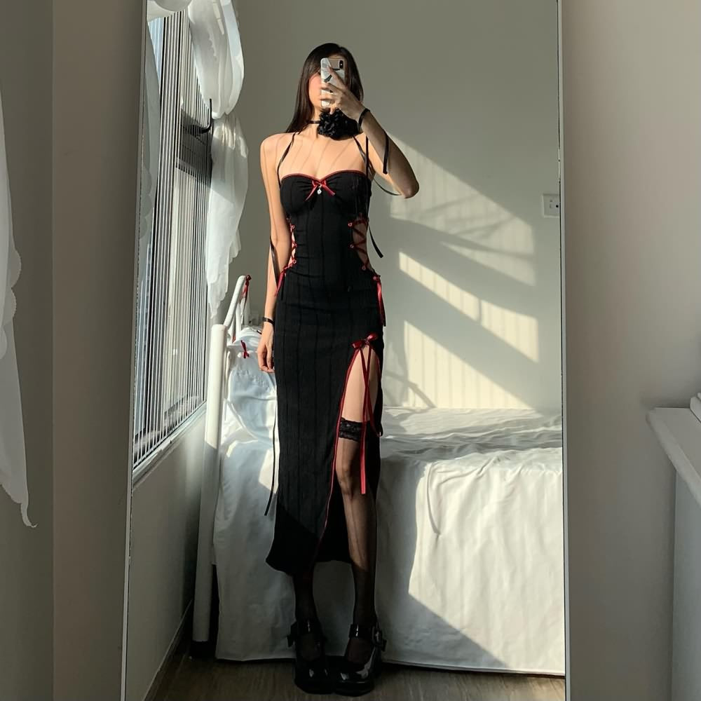 Gothic Cut Out Lace Up Slit Midi Dress