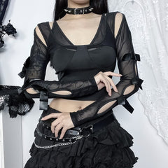 Gothic Cut Out Mesh Long Sleeve Crop Top