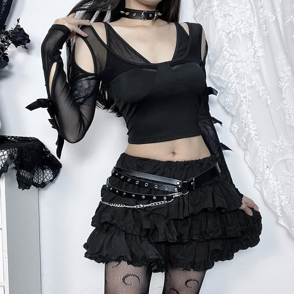 Gothic Cut Out Mesh Long Sleeve Crop Top