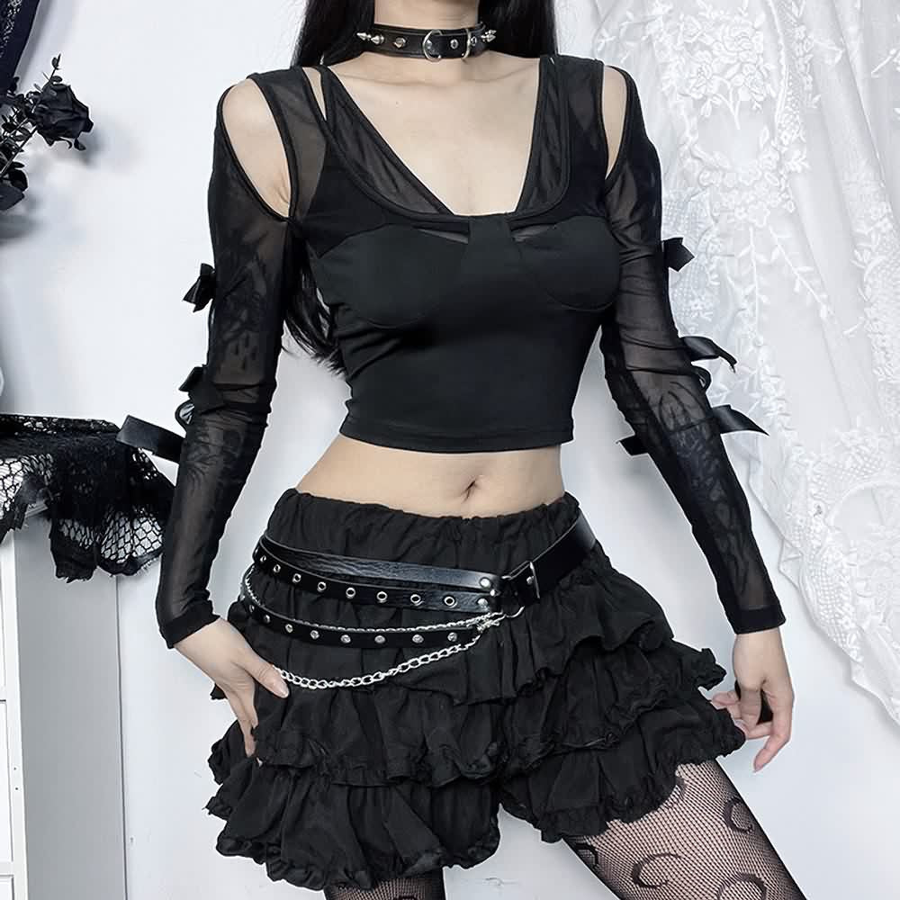 Gothic Cut Out Mesh Long Sleeve Crop Top