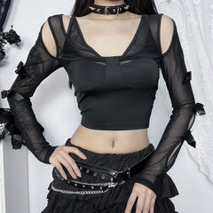 Gothic Cut Out Mesh Long Sleeve Crop Top