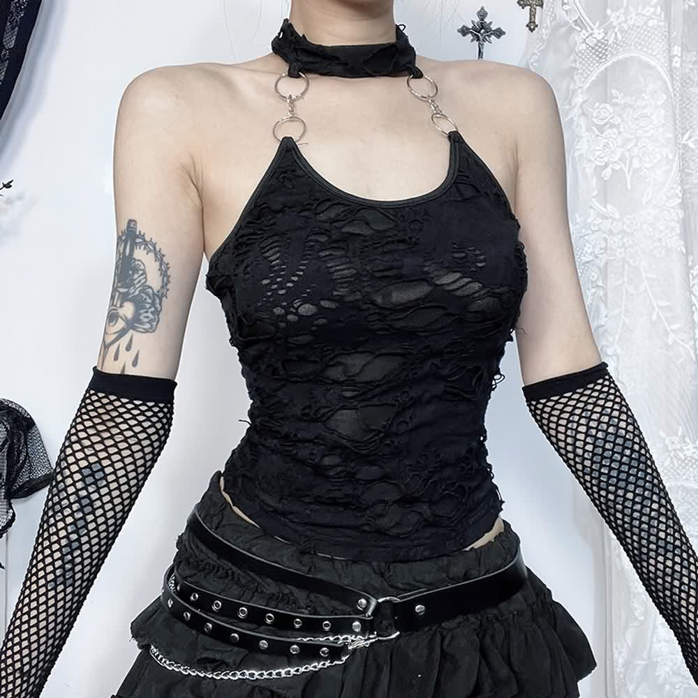 Gothic Distressed Halter Crop Top