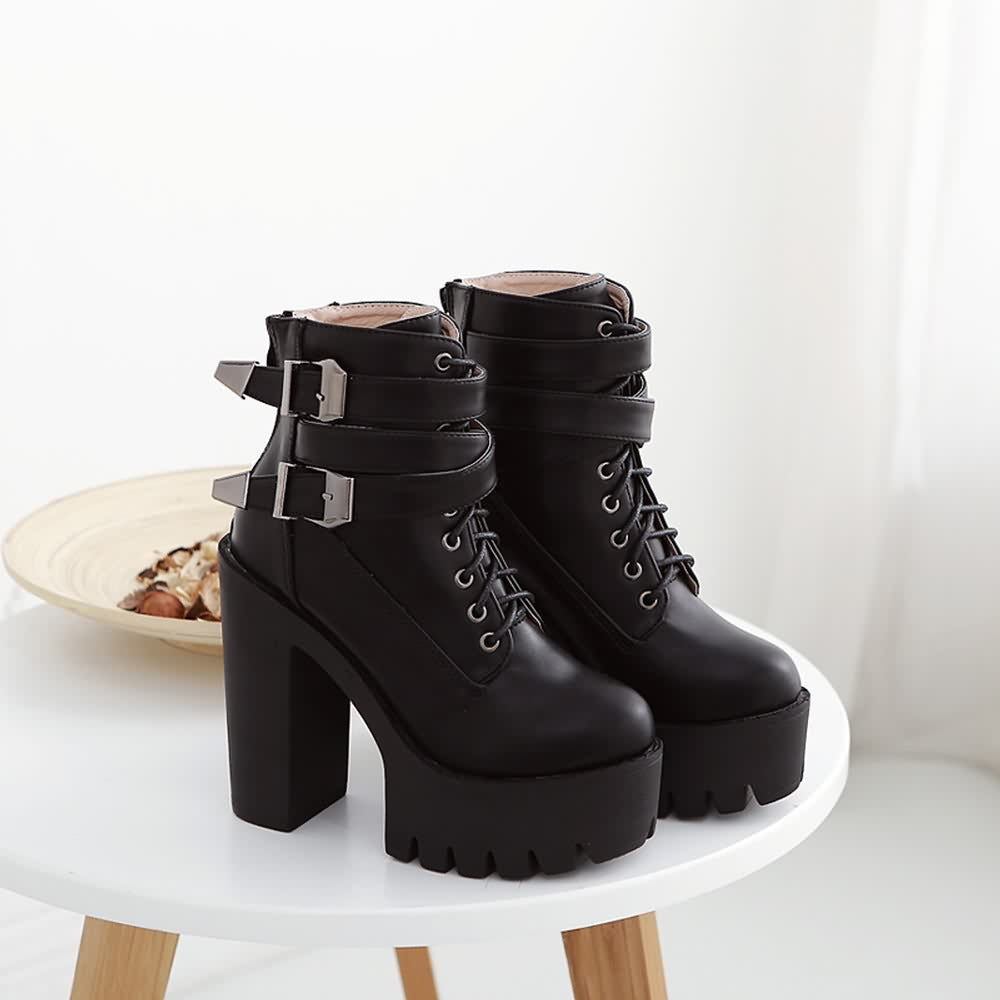 Gothic Double Buckle Strap Lace Up Platform Boots