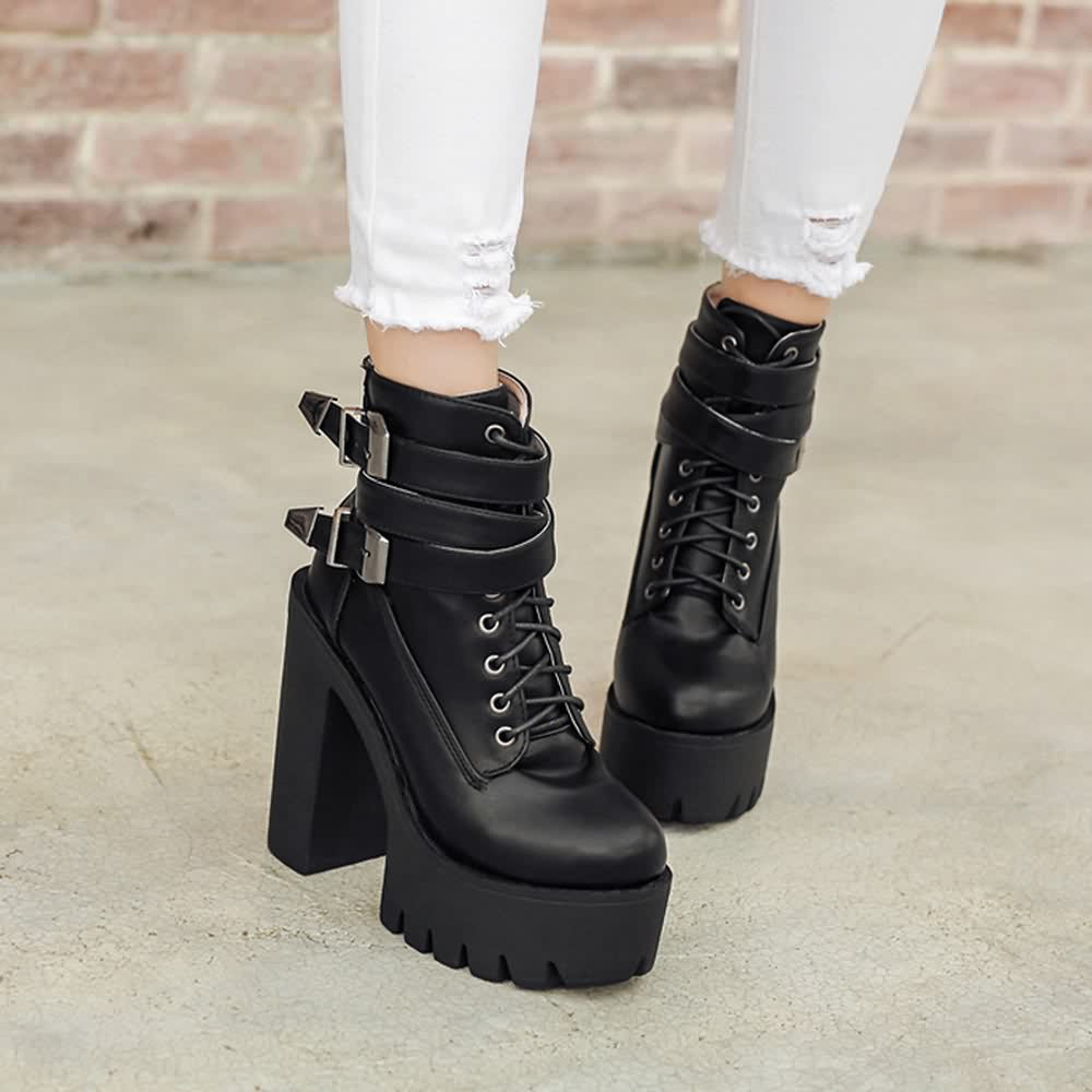 Gothic Double Buckle Strap Lace Up Platform Boots