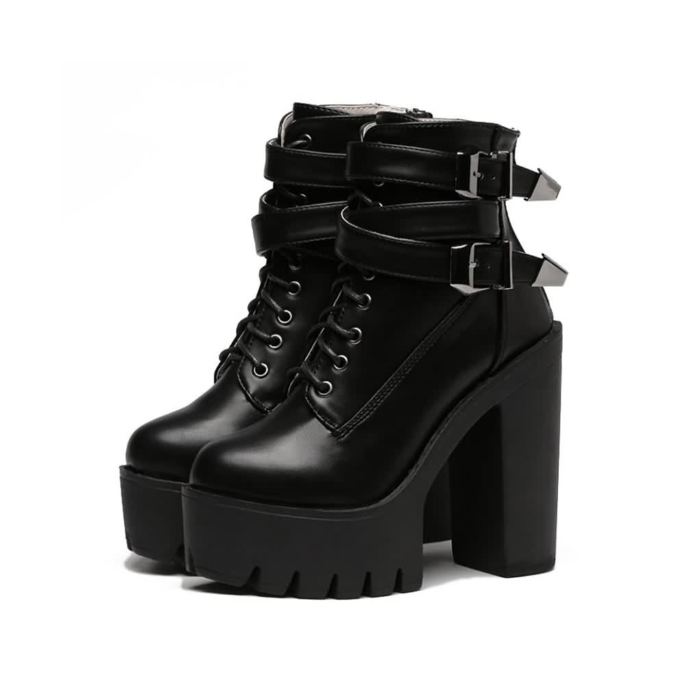 Gothic Double Buckle Strap Lace Up Platform Boots