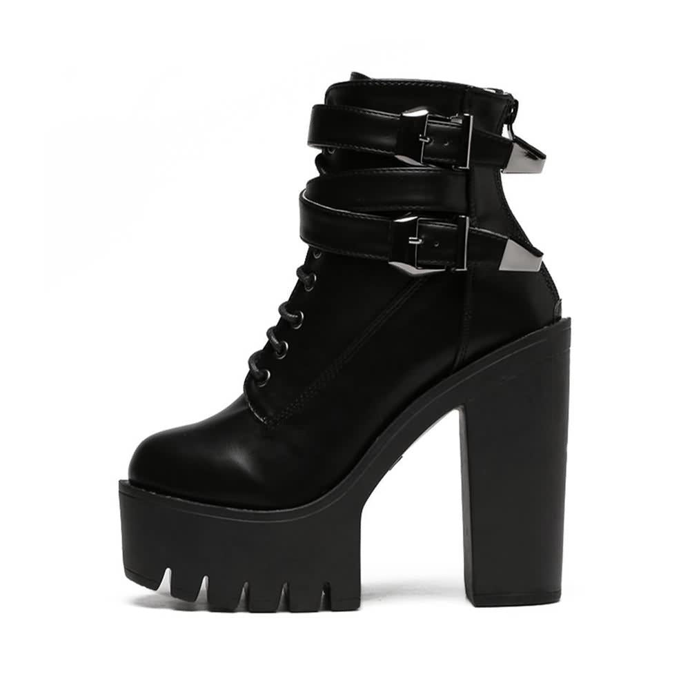 Gothic Double Buckle Strap Lace Up Platform Boots