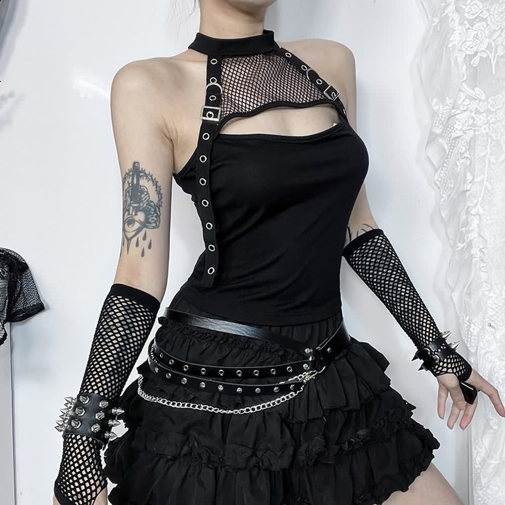 Gothic Fishnet Halter Crop Top And Gloves Set