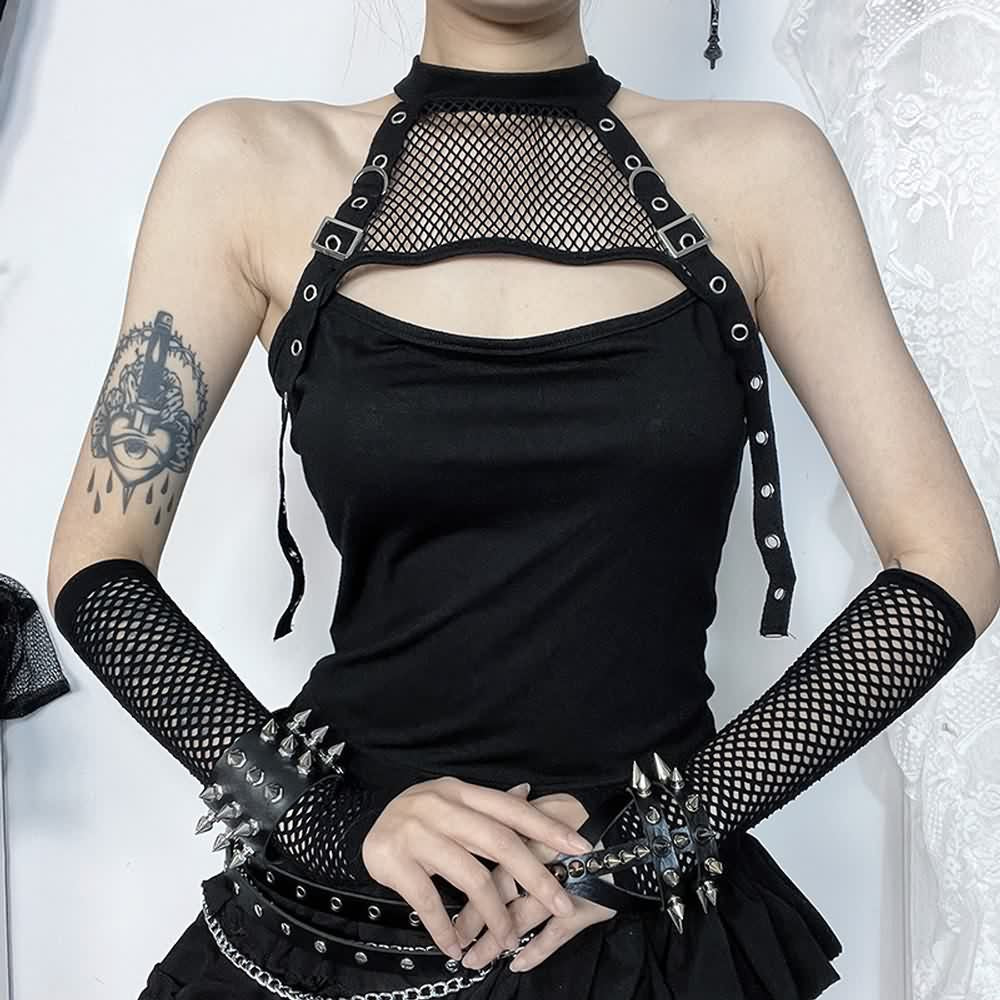 Gothic Fishnet Halter Crop Top And Gloves Set