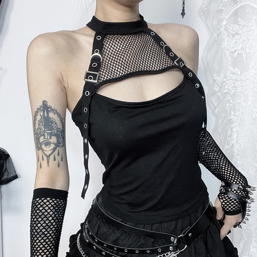 Gothic Fishnet Halter Crop Top And Gloves Set