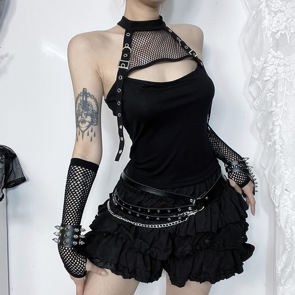 Gothic Fishnet Halter Crop Top And Gloves Set