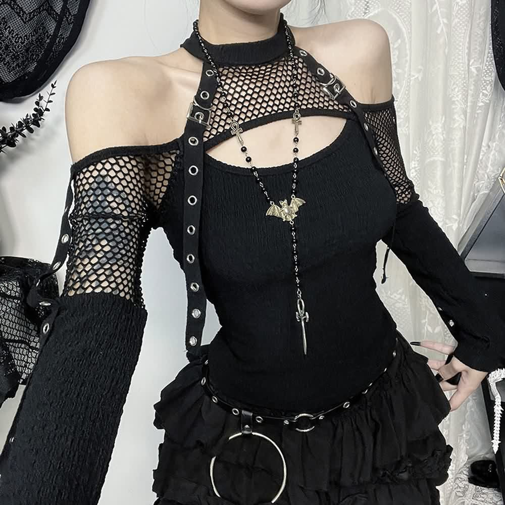 Gothic Fishnet Mesh Cold Shoulder Long Sleeve Top