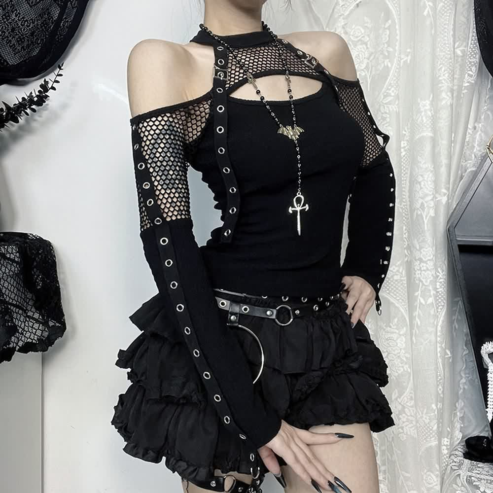 Gothic Fishnet Mesh Cold Shoulder Long Sleeve Top