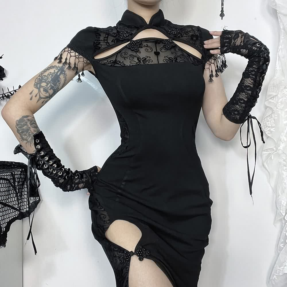 Gothic Fitted Cheongsam Slit Maxi Dress