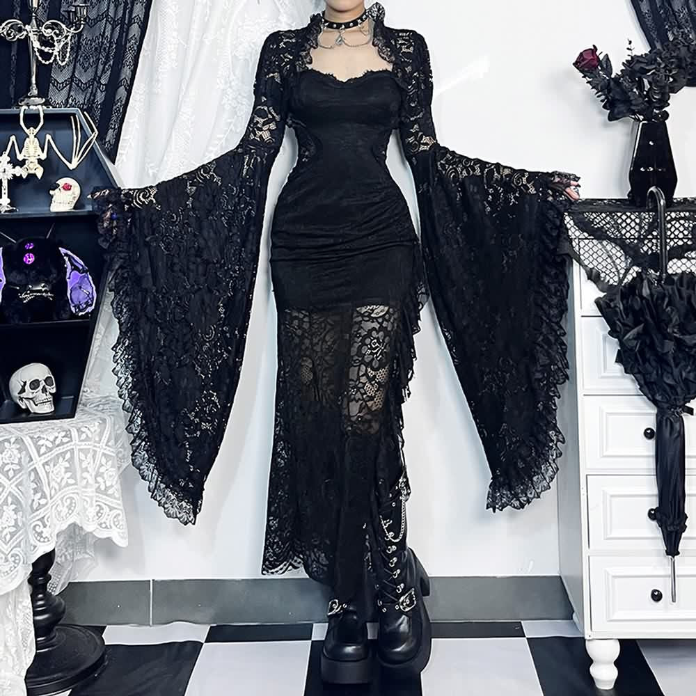 Gothic-Body mit Glockenärmeln und Blumenspitze