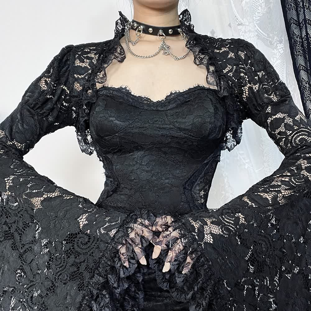 Gothic-Body mit Glockenärmeln und Blumenspitze