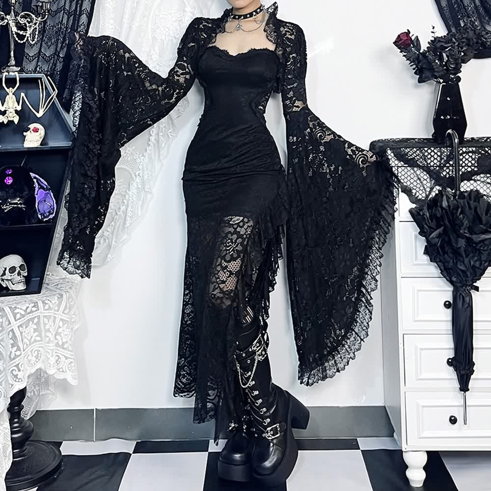 Gothic-Body mit Glockenärmeln und Blumenspitze