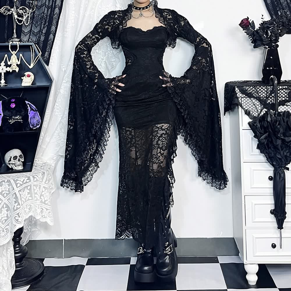 Gothic-Body mit Glockenärmeln und Blumenspitze