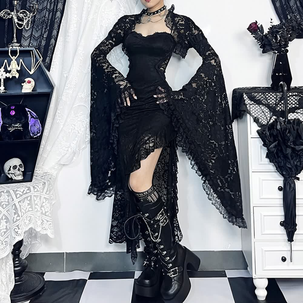 Gothic-Body mit Glockenärmeln und Blumenspitze