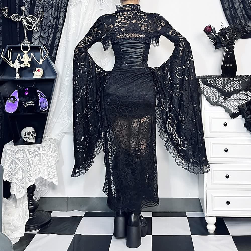 Gothic-Body mit Glockenärmeln und Blumenspitze