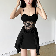 Gothic Floral Mesh Ruffle Mini Dress