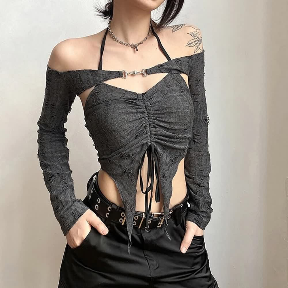 Gothic Gray Halter Crop Top And Off Shoulder Shrug Set