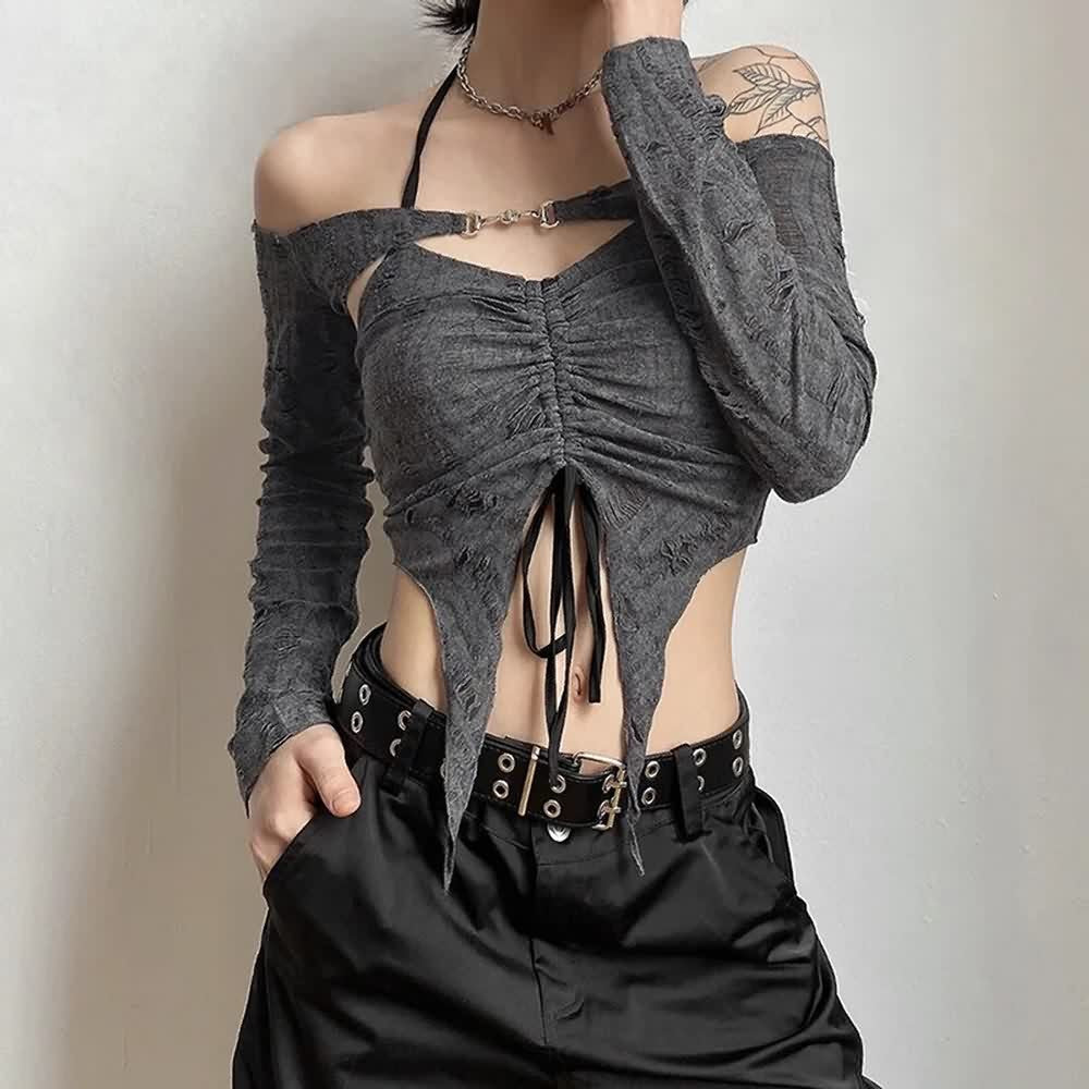 Gothic Gray Halter Crop Top And Off Shoulder Shrug Set