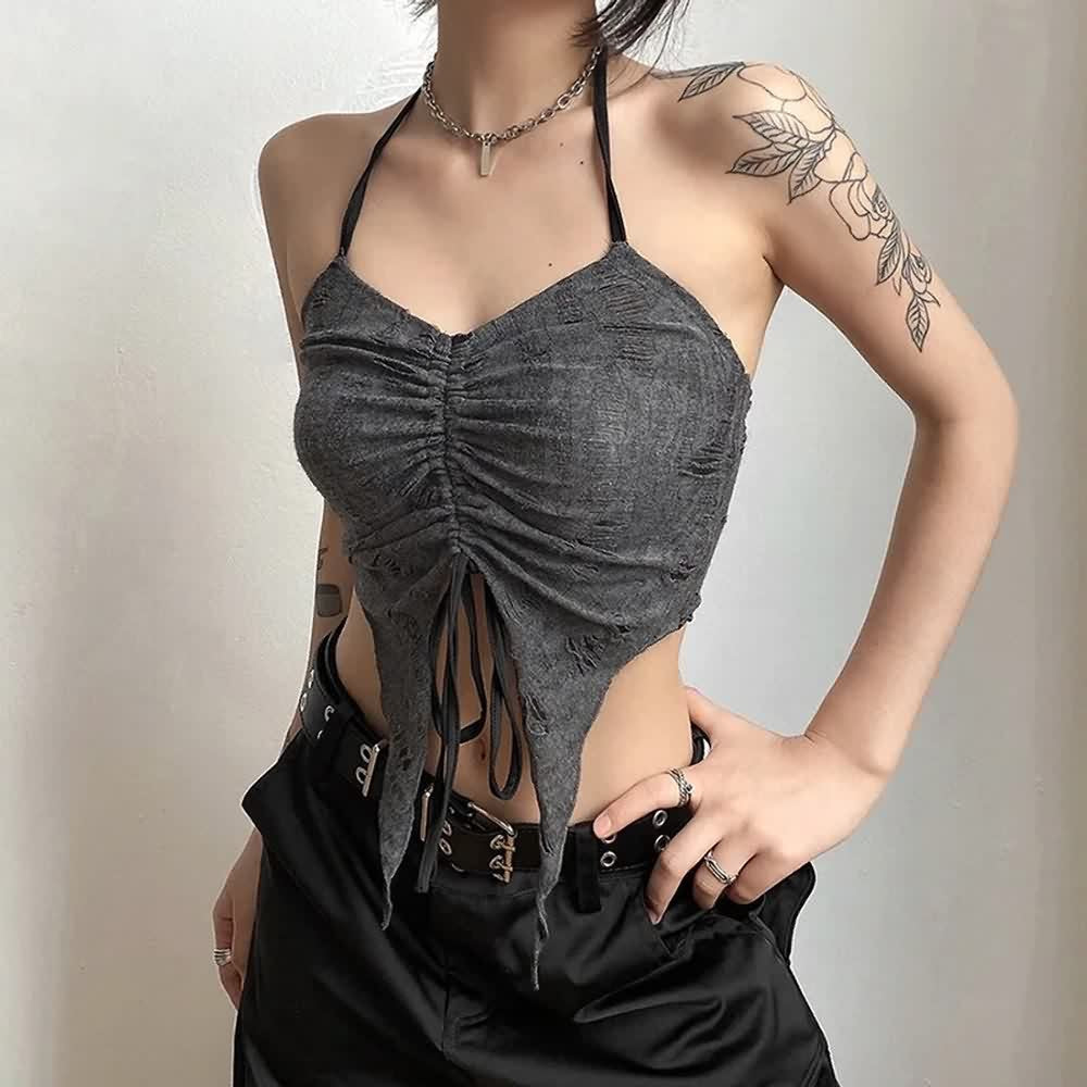 Gothic Gray Halter Crop Top And Off Shoulder Shrug Set