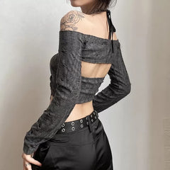 Gothic Gray Halter Crop Top And Off Shoulder Shrug Set