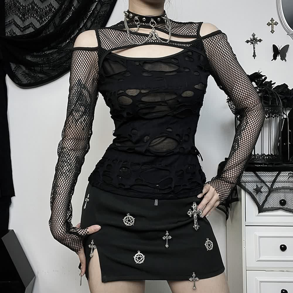 Gothic Grunge Distressed Fishnet Mesh Top